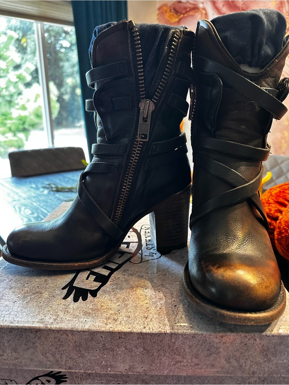 Freebird by Steven Baker Black Leather Wrap-Strap Heeled Ankle Boots - Picture 4 of 10